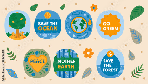 Colorful illustrations promoting environmental awareness and conservation efforts