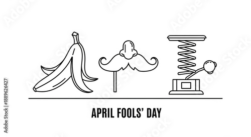 April fools' day icons with banana mustache and spring joke elements on white background