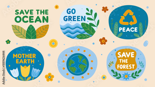 Environmental awareness illustration with slogans and nature elements