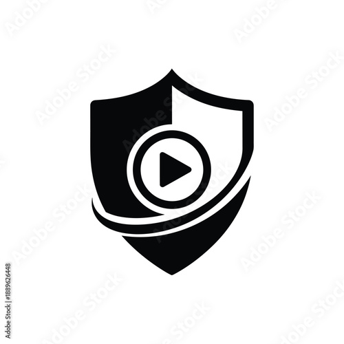 Streaming security shield logo with circular play button and swoosh element representing dynamic content protection and safe video hosting for global media platforms and digital entertainment apps
