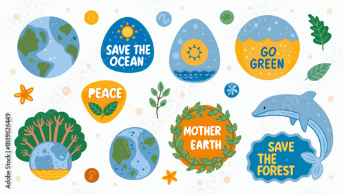 Environmental awareness illustration with globes plants and marine life