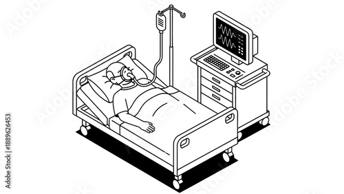 An elderly patient lying in a hospital bed with medical equipment