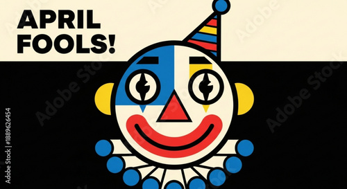 Colorful april fools' day clown face with party hat on black background