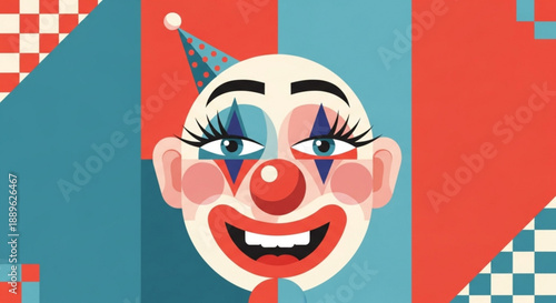 Vibrant clown face with colorful makeup and party hat on geometric background