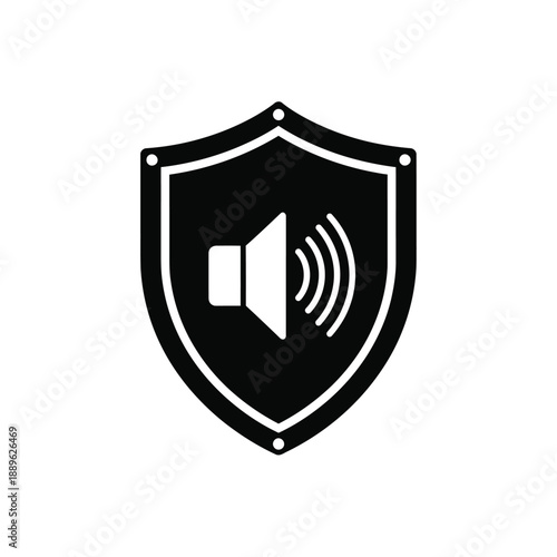 Sound volume speaker shield icon vector illustration a flat design style black solid glyph protect your audio experience and personal space from unwanted noise and disturbances secure hearing