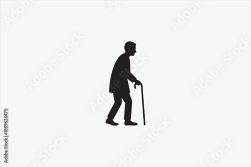 Silhouette of an elderly man walking with a cane, isolated on white background. Concept of aging, mobility, senior health, support, retirement, and elderly care. Vector illustration.