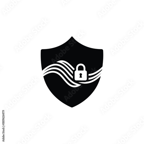 Data flow security shield with padlock and wave patterns representing secure network transmission and encrypted file sharing for corporate privacy and information protection against cyber threats