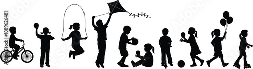 Children Playing Silhouette Set Featuring Kids Biking Skipping Rope Flying Kite Riding Scooter Roller Skating and Playing Ball Outdoor Games Collection