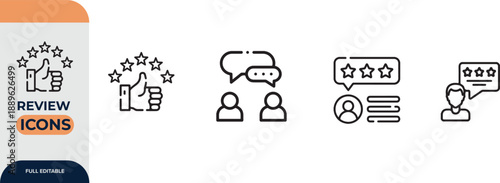 Review icon set. Containing feedback, rating, satisfaction, like icons. Vector illustration.