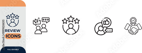 Review icon set. Containing feedback, rating, satisfaction, like icons. Vector illustration.