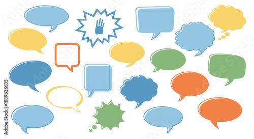 An assortment of colorful speech bubbles and a hand gesture symbolizing communication and dialogue presented on a white background