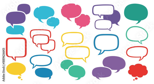 An assortment of vibrantly colored speech bubbles and thought balloons are displayed against a white background showcasing diverse shapes