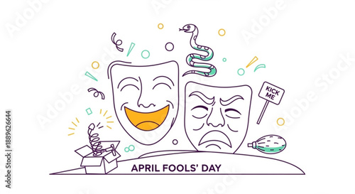 Theatrical masks with smiling and frowning faces on april fools' day with colorful confetti and prank gifts