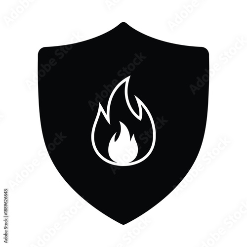 Outline fire shield vector icon isolated on white background flame protection sign fireproof symbol safety concept hot resistant illustration