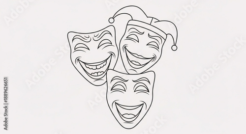 Three comedy theater masks with jester hat smiling and laughing together in black outline on white background