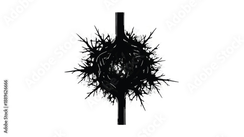 Abstract tangled root system with central vertical element, symbolizing growth and complexity.