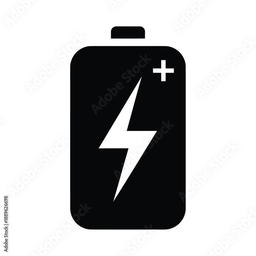 Vertical battery charging icon with plus sign and lightning flash symbol depicting energy accumulation for sustainable power solutions and mobile device battery health monitoring in flat design