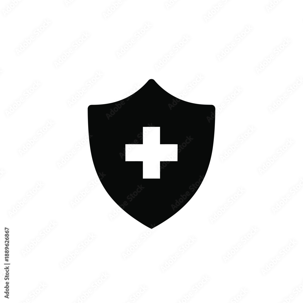 Obraz premium Medical health protection shield icon with cross safety symbol black silhouette simple illustration clean isolated background design element emblem vector art graphic