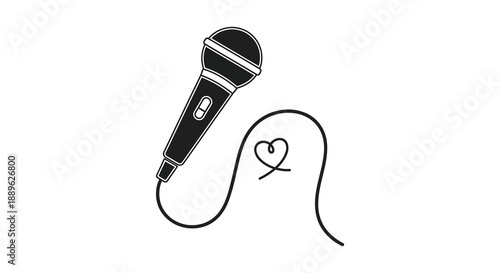 A simple black and white illustration depicts a microphone with a cable and a small heart doodle nearby