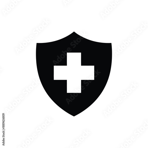 Medical shield icon symbol representing healthcare protection and insurance security in black silhouette style showing cross on safety sign for clinic hospital or emergency rescue service design