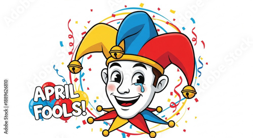 Colorful jester with april fools text laughing with confetti and streamers