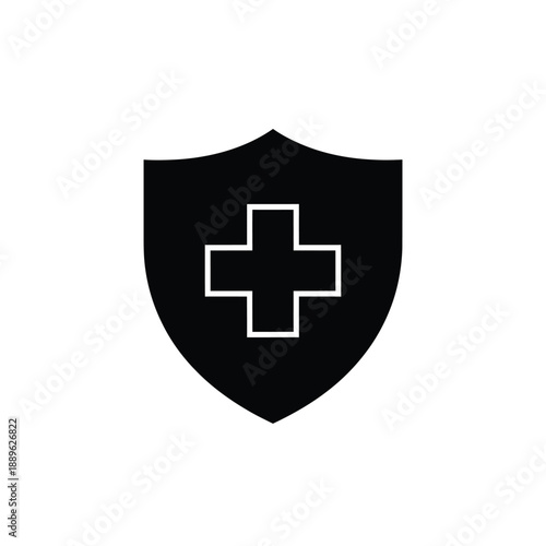 Healthcare shield logo icon featuring outline medical cross on black safety badge for insurance protection and hospital security systems isolated on white background for health app design works