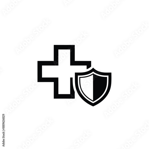Healthcare protection icon featuring outline cross and shield symbol for medical insurance and safety programs in black vector style representing clinical security and emergency service concepts