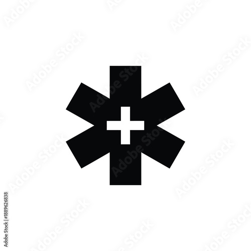 Medical star of life symbol with central cross icon for emergency ambulance service and healthcare paramedic response teams in solid black silhouette style for hospital and clinic sign systems