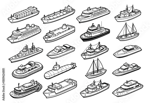 Hand drawn line art nautical transport set featuring various ships and boats for travel and delivery