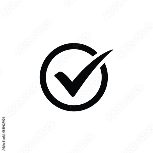 Bold black check mark icon within a perfect circle, representing confirmation, completion, approval, or correctness, isolated on a clean white background