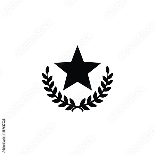 Solid black star placed centrally within a decorative laurel wreath composed of leaves on a clean white background graphic vector illustration