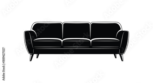 A minimalist black sofa with a sleek design is presented in a stark contrasting white background silhouette high quality professional detailed