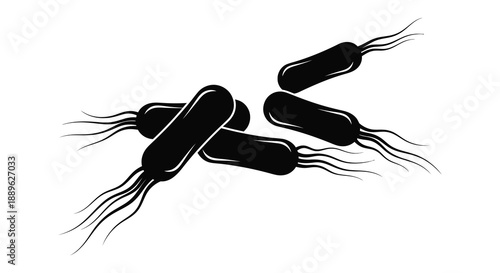 An artistic depiction of several rod shaped bacteria with flagella illustrating microbial structures and their movement capabilities visually