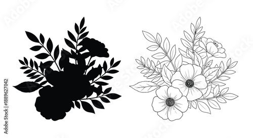 Floral arrangement with contrasting styles including a dark silhouette