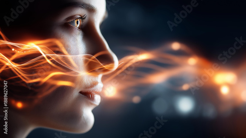 Symbolic portrait of the digital era, human face emerging from orange data waves