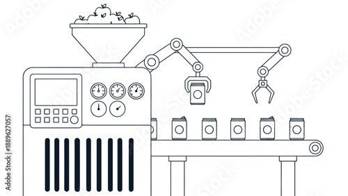 An industrial robotic arm fills cans with tomatoes on a production line