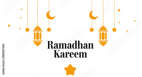 Ramadan kareem greeting with islamic lanterns and crescent moon