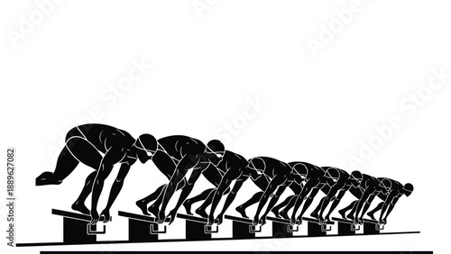 A group of athletes preparing to sprint at the starting line