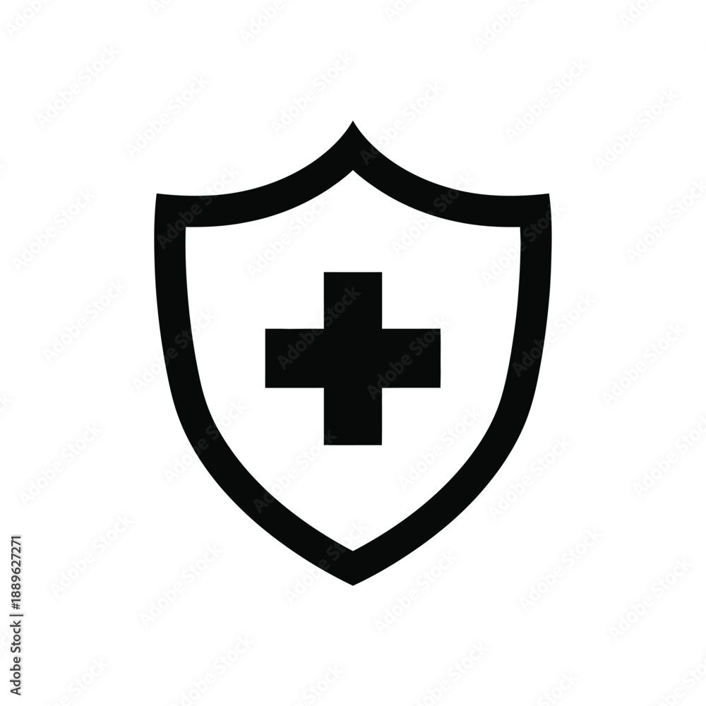 Fototapeta premium Shield with a plus sign inside representing medical protection and healthcare safety isolated on white background