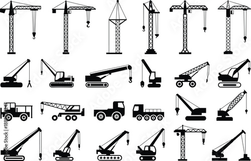 Construction crane silhouette set, tower cranes and mobile lifting machines collection, industrial building equipment icons, black vector illustration