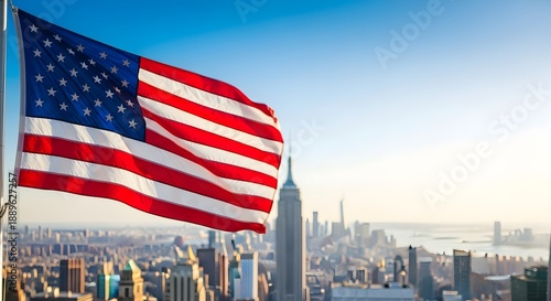 American flag waving above new york city skyline