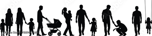 Family Silhouette Set Featuring Parents Walking with Children Baby Stroller Mother Holding Infant and Kids Playing on Swings Vector Illustration Collection