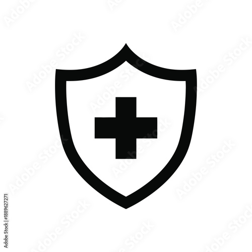 Shield with a plus sign inside representing medical protection and healthcare safety isolated on white background