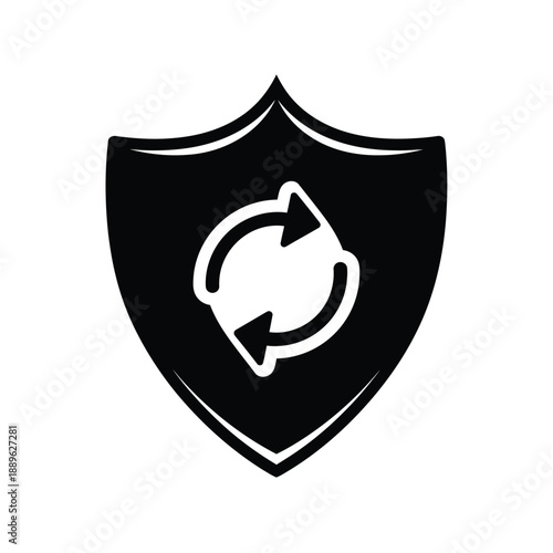 Shield with two arrows forming a circle indicating refresh or update process isolated on white background