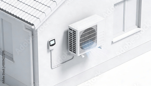 Residential air source heat pump outdoor unit with thermostat controller clean isometric render of home hvac electrification and efficient heating cooling on white background