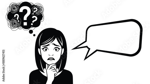 A cartoon woman with a puzzled expression and a speech bubble
