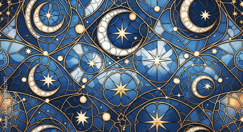 Stained glass celestial pattern with moons and stars