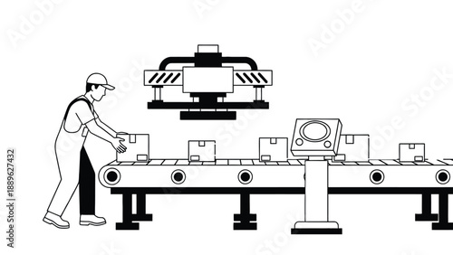 A cartoon man working on a conveyor belt in a warehouse with a robotic arm