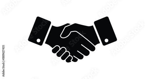 A stark black graphic depicts two hands clasped in a firm handshake symbolizing agreement and partnership silhouette high quality professional detailed