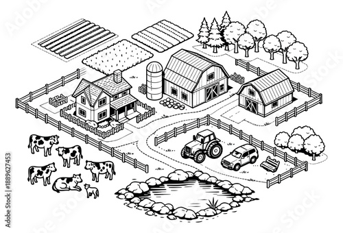 Hand drawn isometric line art farm set featuring a farmhouse, barns, fields, cows, tractor, and pond for agricultural and rural designs